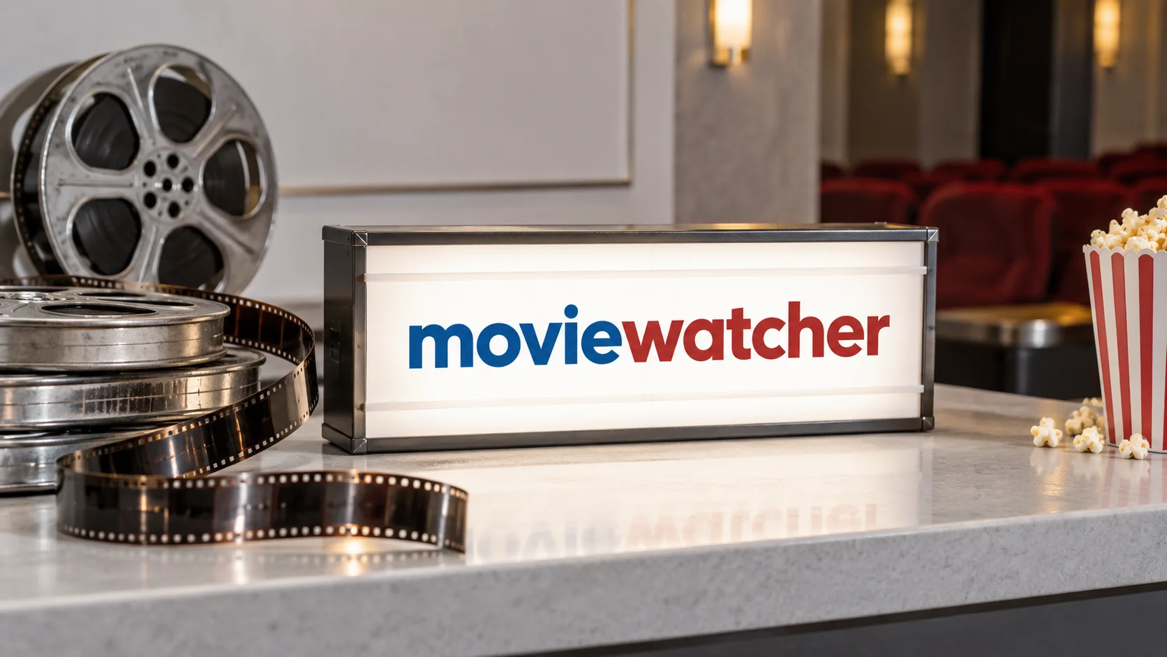 Blue and red moviewatcher lettering on a cinema lightbox beside metal film reels